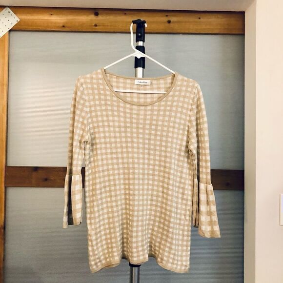 Sz M Calvin Klein Gingham 3/4 Bell Flare Sleeve Crewneck Sweater Tan White Women - Picture 2 of 7